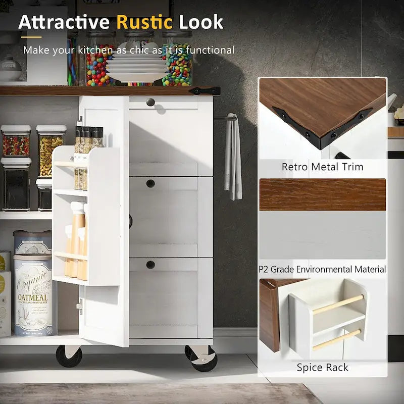 Large Rolling Kitchen Island with Storage and Power Supply