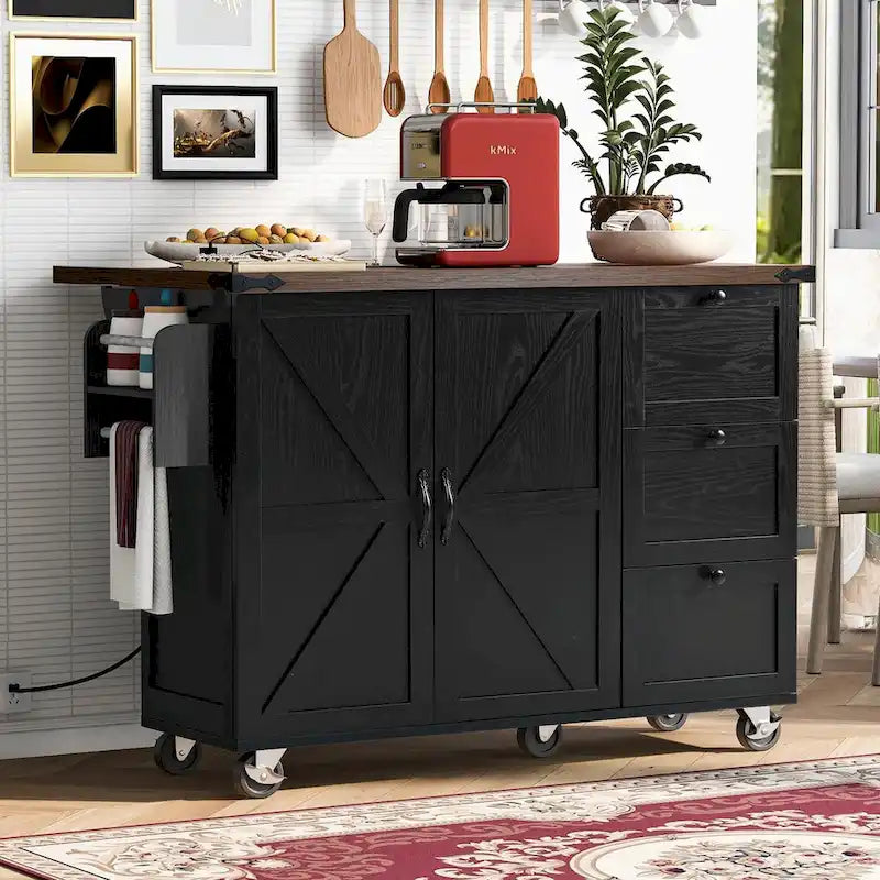 Large Rolling Kitchen Island with Storage and Power Supply