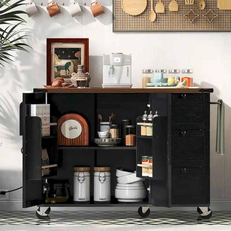 Large Rolling Kitchen Island with Storage and Power Supply