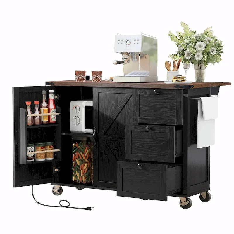 Large Rolling Kitchen Island with Storage and Power Supply