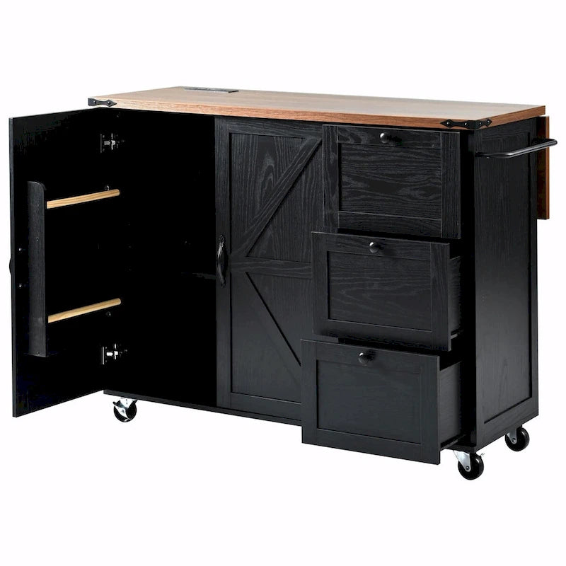 Large Rolling Kitchen Island with Storage and Power Supply