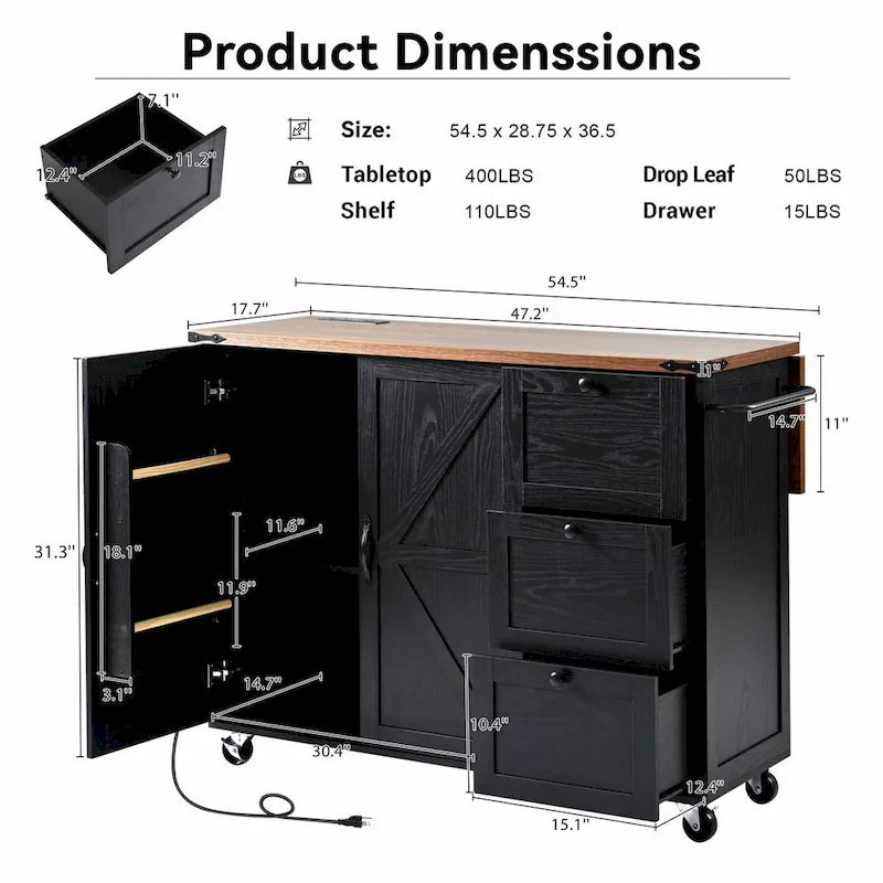 Large Rolling Kitchen Island with Storage and Power Supply