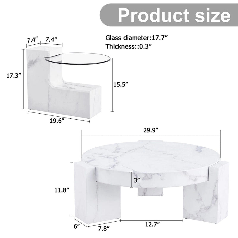 Marble textured MDF coffee table with a side table. Match with multiple scenes Suitable for living room and bedroom