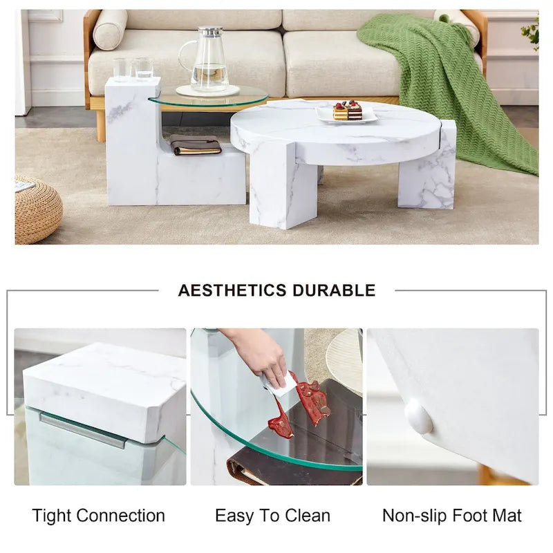 Marble textured MDF coffee table with a side table. Match with multiple scenes Suitable for living room and bedroom