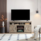 Mobile TV e consolle multimediale con anta da fienile in stile rustico per TV fino a 65, con spazio contenitore aperto e chiuso