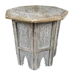 Olta 18 Inch Handcrafted Farmhouse Side Table, Engraved Carved Design, Mango Wood, Octagonal Top, Antique Brown