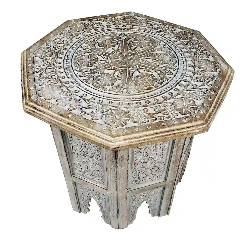 18 Inch Farmhouse Side Table, Engraved Carved Design, Mango Wood, Octagonal Top, Antique Brown