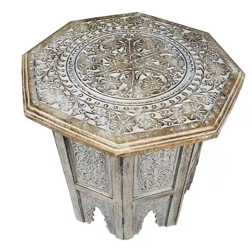 18 Inch Farmhouse Side Table, Engraved Carved Design, Mango Wood, Octagonal Top, Antique Brown