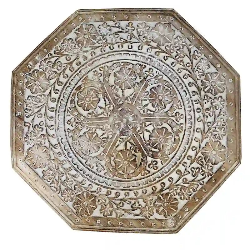 18 Inch Farmhouse Side Table, Engraved Carved Design, Mango Wood, Octagonal Top, Antique Brown