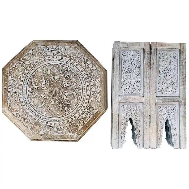 18 Inch Farmhouse Side Table, Engraved Carved Design, Mango Wood, Octagonal Top, Antique Brown