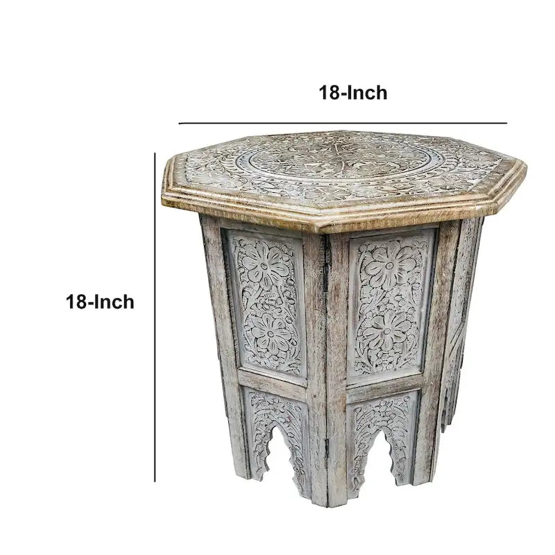 18 Inch Farmhouse Side Table, Engraved Carved Design, Mango Wood, Octagonal Top, Antique Brown