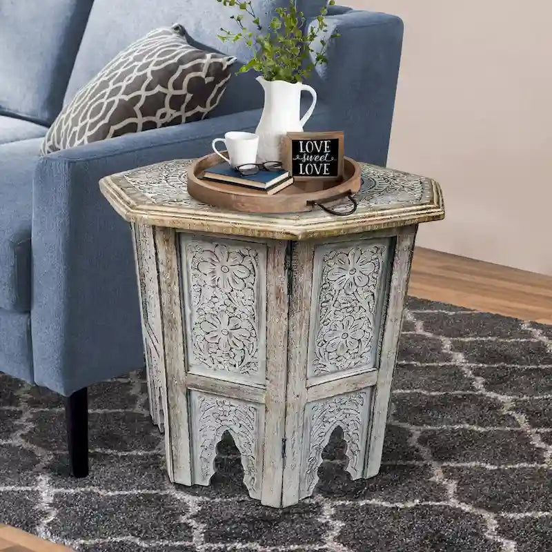 18 Inch Farmhouse Side Table, Engraved Carved Design, Mango Wood, Octagonal Top, Antique Brown