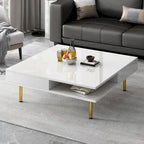 Hochglanz-Couchtisch: 4 goldene Beine, 2 Schubladen, quadratisches 2-Ebenen-Design