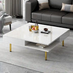 Hochglanz-Couchtisch: 4 goldene Beine, 2 Schubladen, quadratisches 2-Ebenen-Design