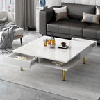 Hochglanz-Couchtisch: 4 goldene Beine, 2 Schubladen, quadratisches 2-Ebenen-Design
