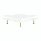 Hochglanz-Couchtisch: 4 goldene Beine, 2 Schubladen, quadratisches 2-Ebenen-Design