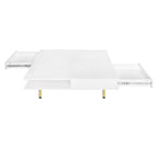 Hochglanz-Couchtisch: 4 goldene Beine, 2 Schubladen, quadratisches 2-Ebenen-Design