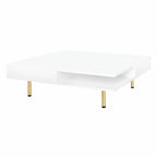 Hochglanz-Couchtisch: 4 goldene Beine, 2 Schubladen, quadratisches 2-Ebenen-Design