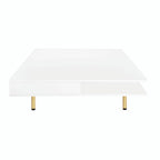 Hochglanz-Couchtisch: 4 goldene Beine, 2 Schubladen, quadratisches 2-Ebenen-Design