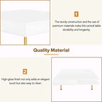 Hochglanz-Couchtisch: 4 goldene Beine, 2 Schubladen, quadratisches 2-Ebenen-Design