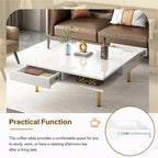 Hochglanz-Couchtisch: 4 goldene Beine, 2 Schubladen, quadratisches 2-Ebenen-Design