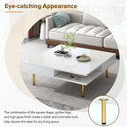 Hochglanz-Couchtisch: 4 goldene Beine, 2 Schubladen, quadratisches 2-Ebenen-Design