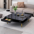 Hochglanz-Couchtisch: 4 goldene Beine, 2 Schubladen, quadratisches 2-Ebenen-Design