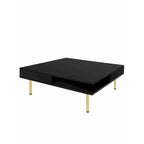 Hochglanz-Couchtisch: 4 goldene Beine, 2 Schubladen, quadratisches 2-Ebenen-Design