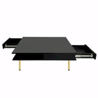 Hochglanz-Couchtisch: 4 goldene Beine, 2 Schubladen, quadratisches 2-Ebenen-Design