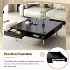 Hochglanz-Couchtisch: 4 goldene Beine, 2 Schubladen, quadratisches 2-Ebenen-Design