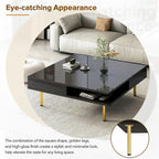 Hochglanz-Couchtisch: 4 goldene Beine, 2 Schubladen, quadratisches 2-Ebenen-Design