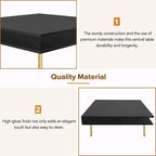 Hochglanz-Couchtisch: 4 goldene Beine, 2 Schubladen, quadratisches 2-Ebenen-Design