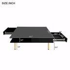 Hochglanz-Couchtisch: 4 goldene Beine, 2 Schubladen, quadratisches 2-Ebenen-Design