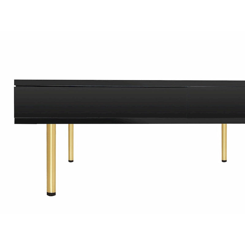 High Gloss Coffee Table: 4 Golden Legs, 2 Drawers, 2-Tier Square Design