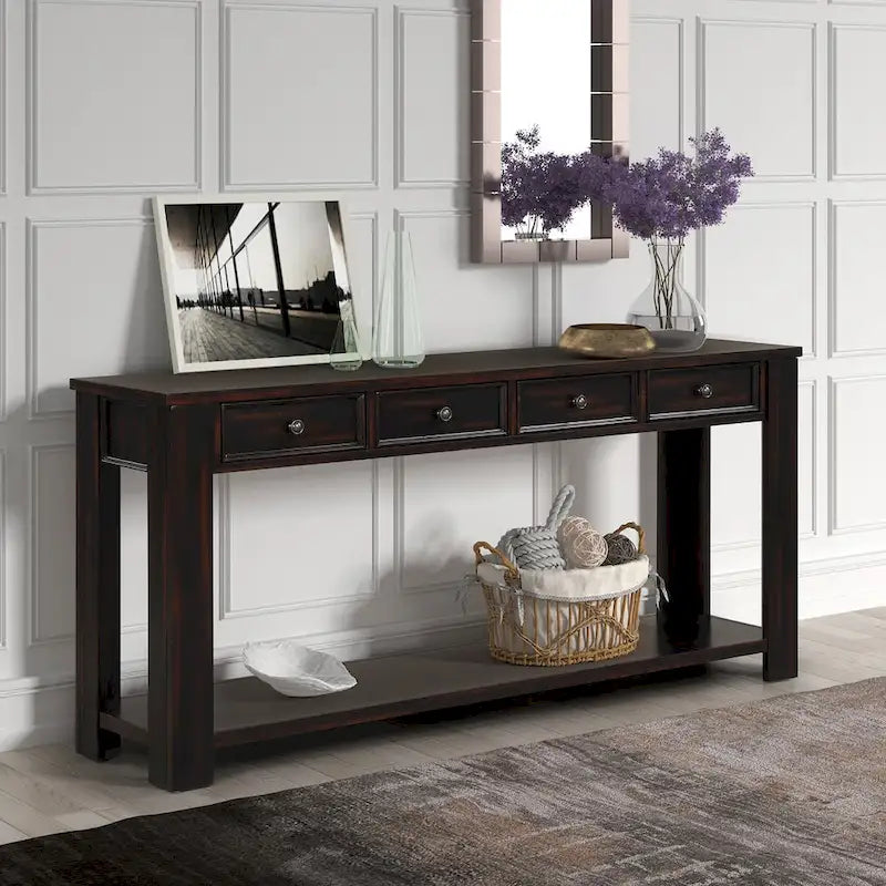 63 Pine Wood Console Table with 4 Drawers and 1 Bottom Shelf