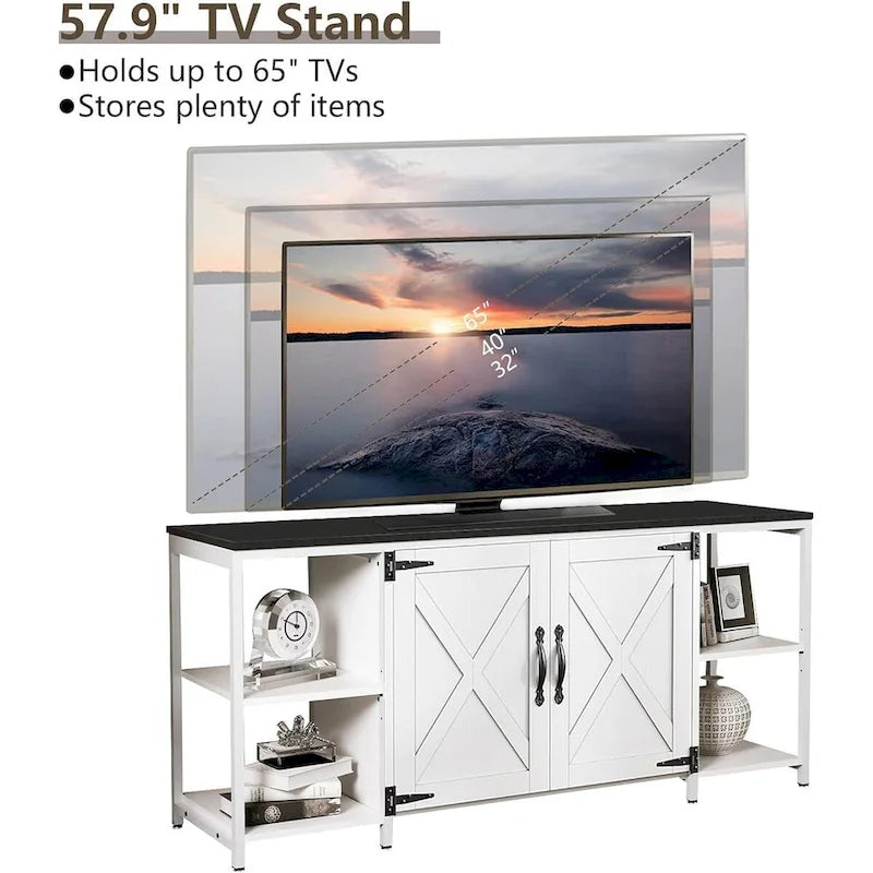 58 Inch Farmhouse TV Stand for up to 65 TV with Doors and Open Shelves