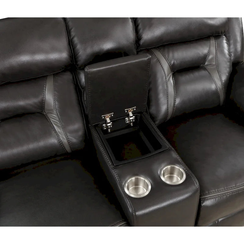 76 Inch Manual Dual Recliner Loveseat, Cupholders, Gray Faux Leather
