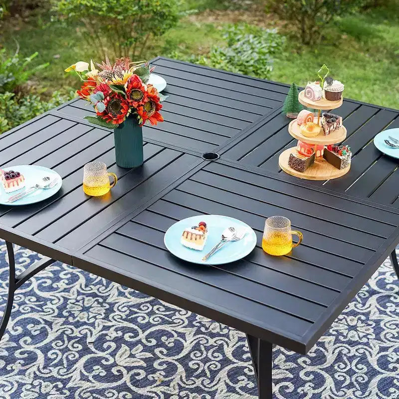 Captiva Designs 9pc Outdoor Slat-top Square Metal Dining Table and Sling Swivel Chairs