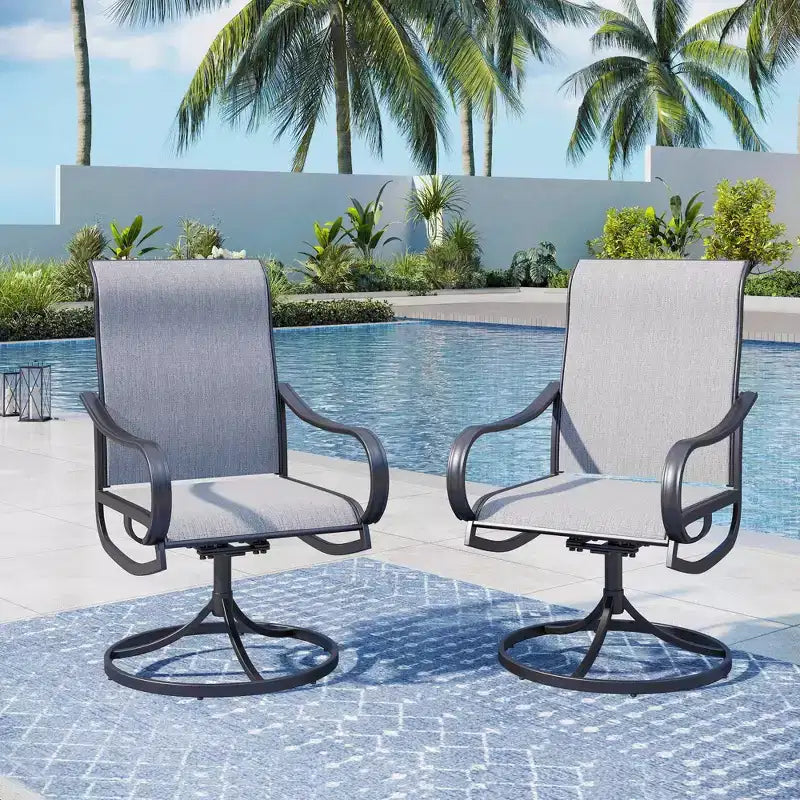 Captiva Designs 9pc Outdoor Slat-top Square Metal Dining Table and Sling Swivel Chairs