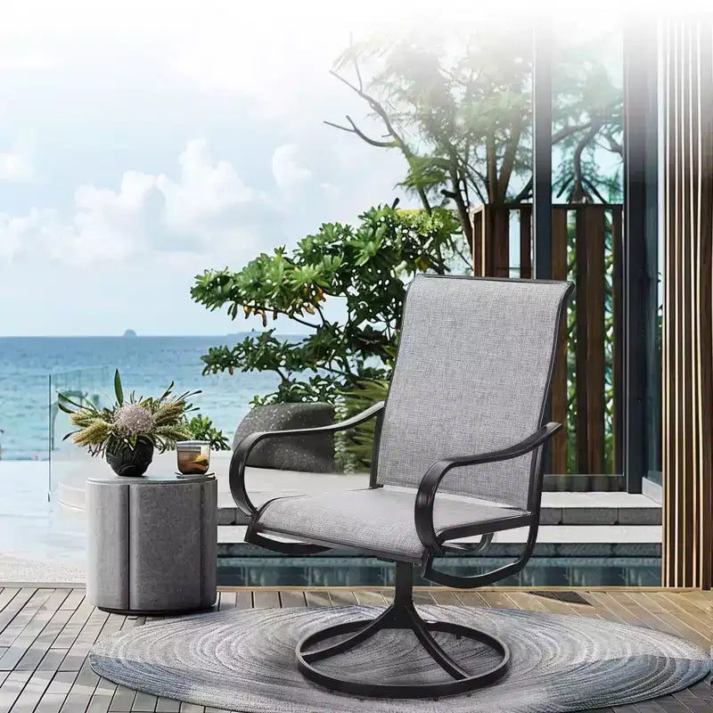 Captiva Designs 9pc Outdoor Slat-top Square Metal Dining Table and Sling Swivel Chairs