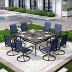 Captiva Designs 9pc Outdoor Slat-top Square Metal Dining Table and Sling Swivel Chairs