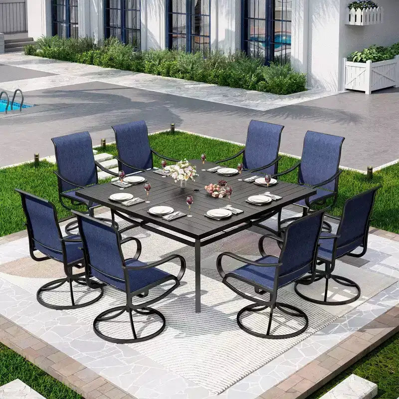 Captiva Designs 9pc Outdoor Slat-top Square Metal Dining Table and Sling Swivel Chairs