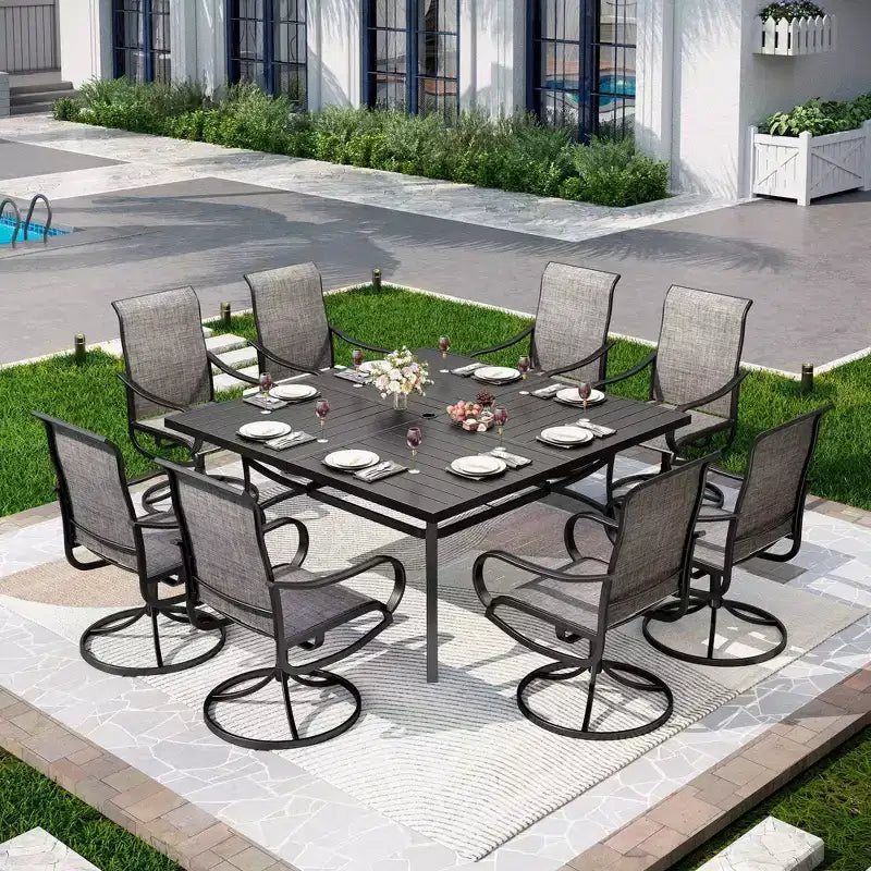 Captiva Designs 9-teilige quadratische Metall-Essgruppe für draußen mit Tisch mit Lattenplatte und drehbaren Sling-Stühlen