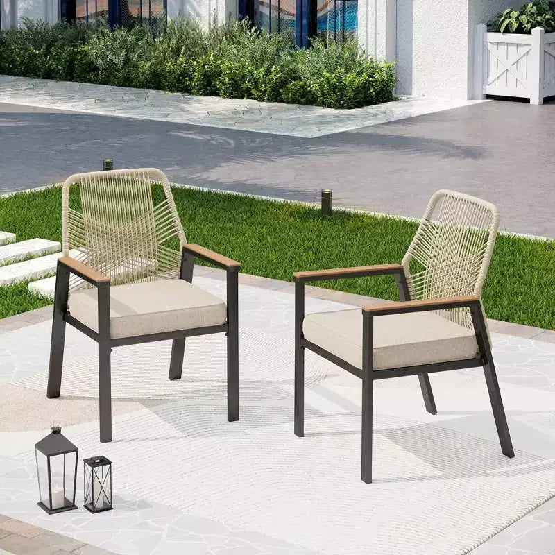 Captiva Designs 5pc Patio Slat-top Round Metal Dining Table and Thick Cushion Swivel Wicker Chairs