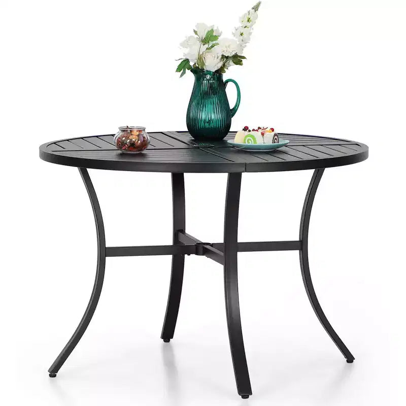 Captiva Designs 5pc Patio Slat-top Round Metal Dining Table and Thick Cushion Swivel Wicker Chairs