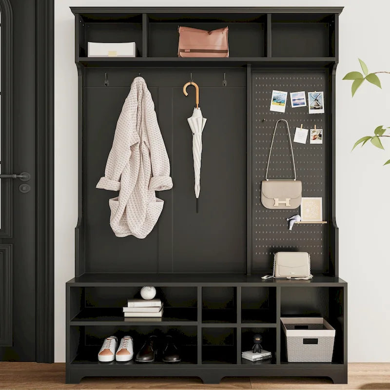 Hall Tree with Shoe Bench, Coat Rack, Shelves and Pegboard