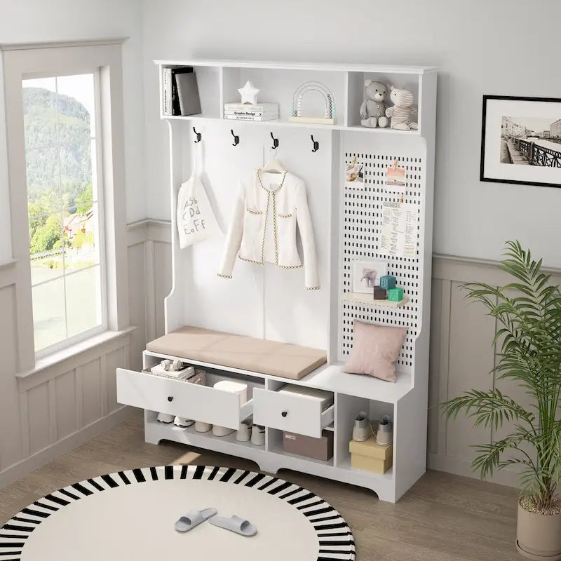 Hall Tree with Shoe Bench, Coat Rack, Shelves and Pegboard