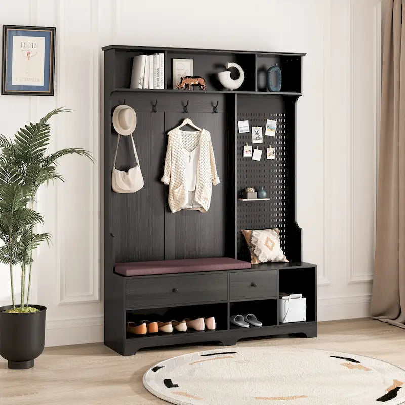 Hall Tree with Shoe Bench, Coat Rack, Shelves and Pegboard