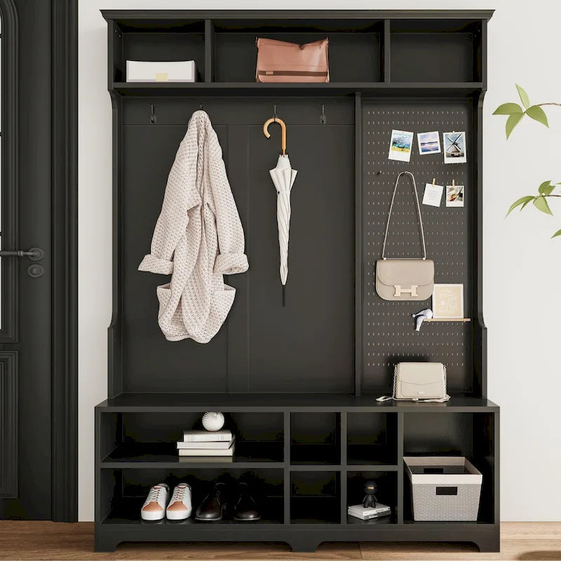 Hall Tree with Shoe Bench, Coat Rack, Shelves and Pegboard