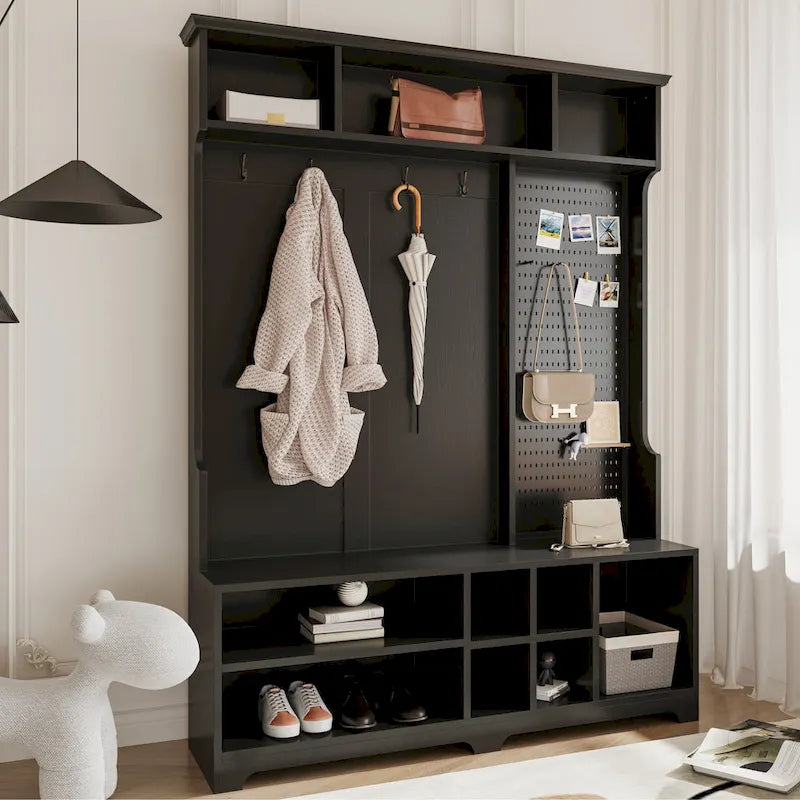 Hall Tree with Shoe Bench, Coat Rack, Shelves and Pegboard